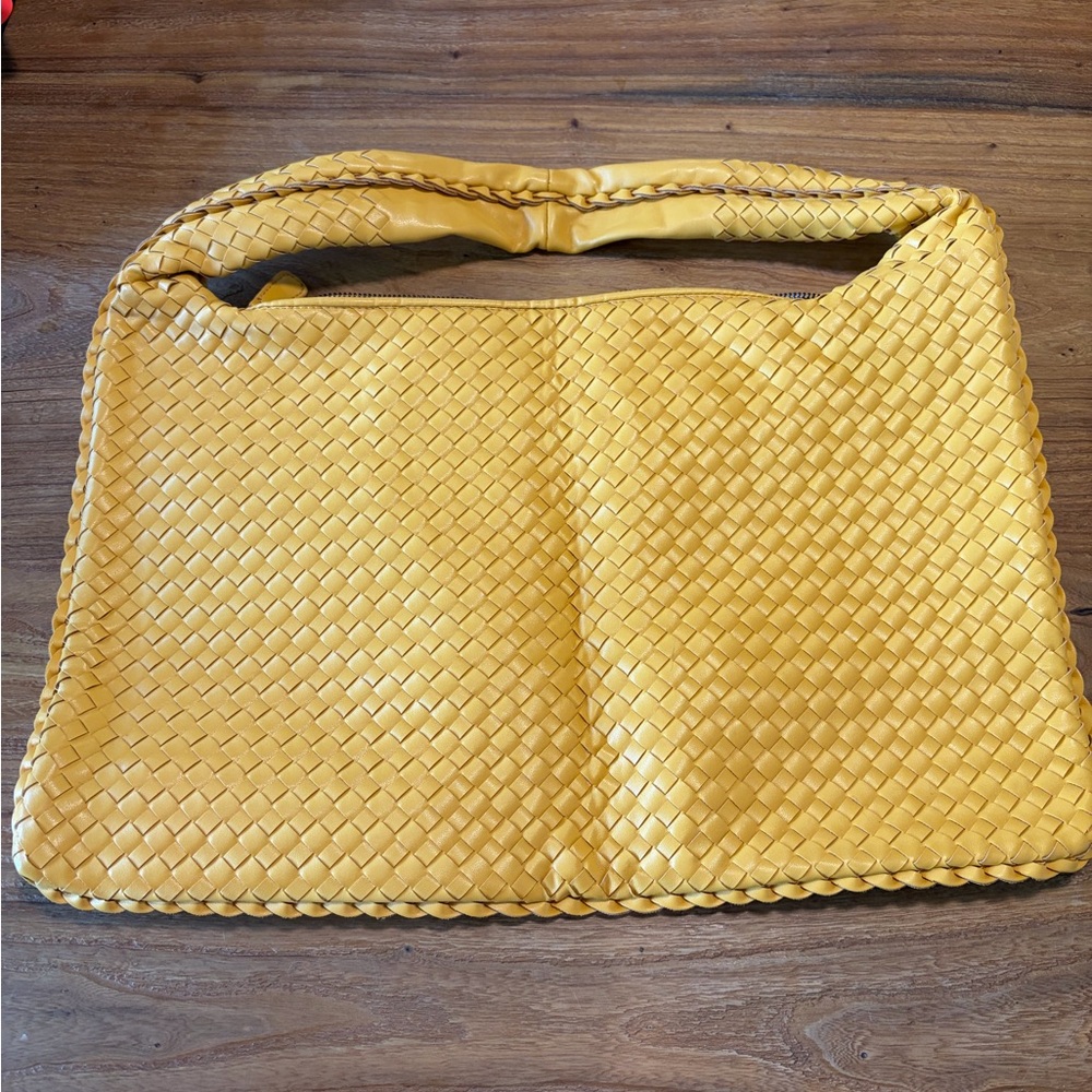 Genuine Leather Woven Shoulder Bag in Mustard Yellow